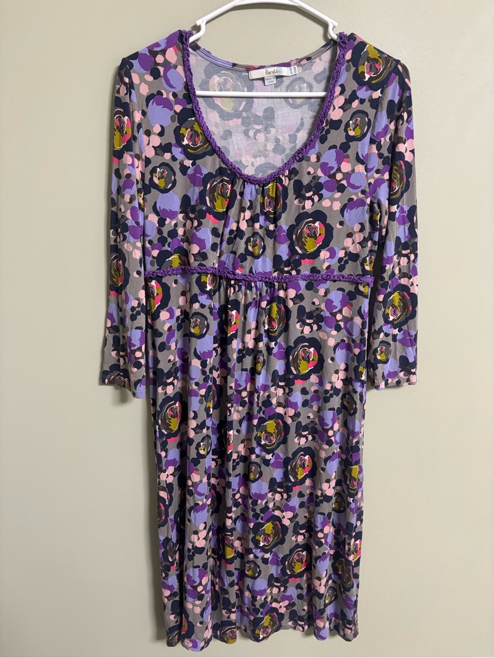 Boden Jersey Floral Babydoll Ruffle Midi Purple Multi Dress Women Size 10